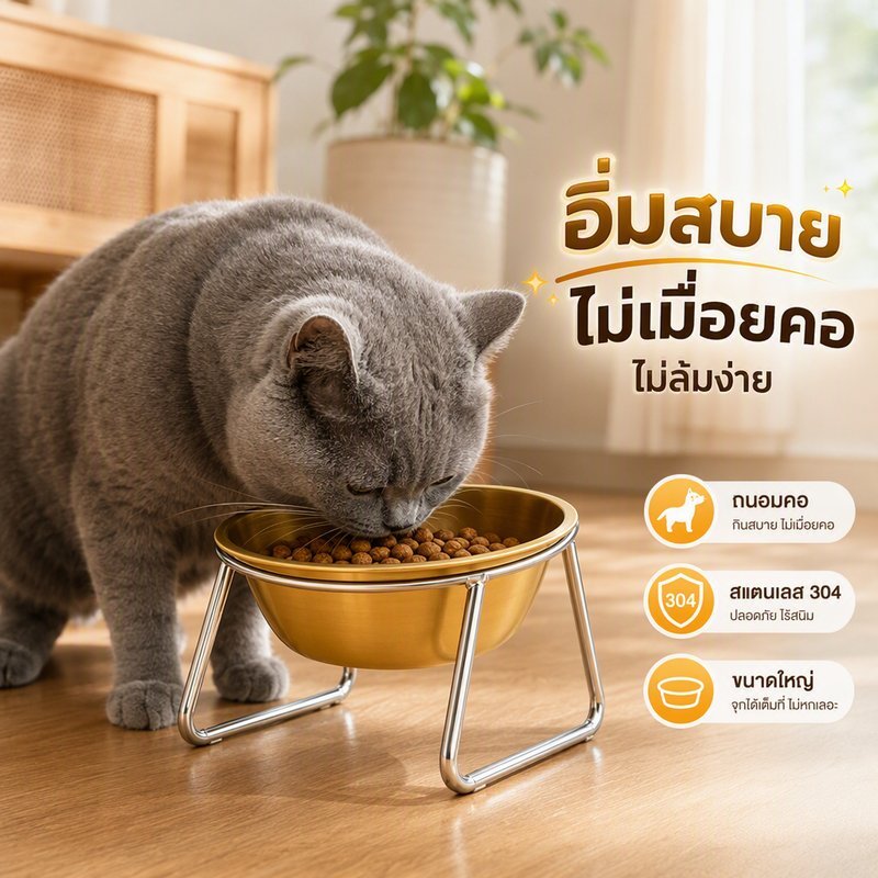 ชามอาหารแมว สุนัข สแตนเลส 304 ยกสูง ป้องกันคอ กันคว่ำ ปากกว้าง จุเยอะ ถอดล้างง่าย