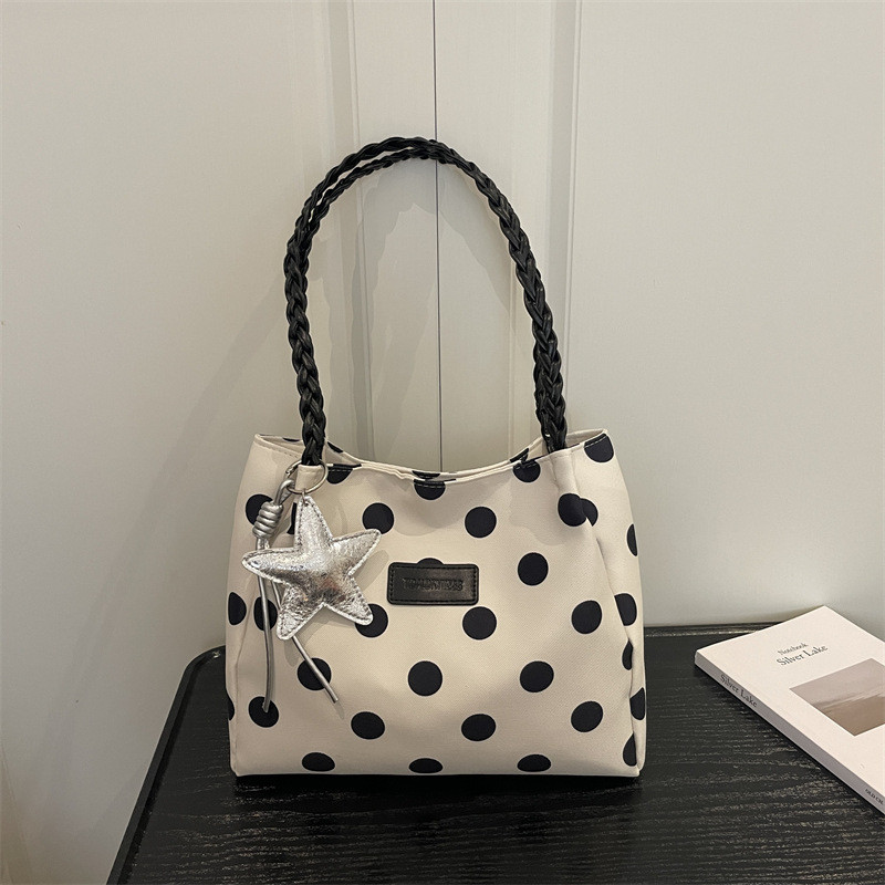 Polka Dot Canvas Tote Bag สายสะพายไหล่ทอซิปกระเป๋าสะพายความจุขนาดใหญ่
