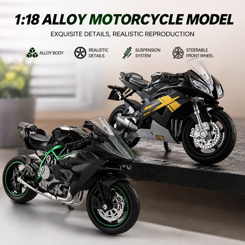รถมอเตอร์ไซค์จำลอง Diecast โมเดลรถจักรยานยนต์ 1:18 รุ่น Yamaha และ Kawasaki Ninja H2R หลังมีระบบซับแรง ล้อหมุนได้