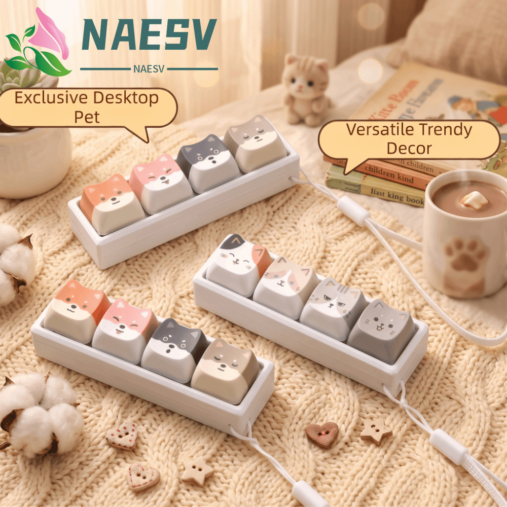 NAESV Keycap พวงกุญแจ Fidget, 4 คีย์แบบพกพา Keycap พวงกุญแจ,แมวสีดําสีขาวน้ําหนักเบาหยิกออกแบบแมวนิ้