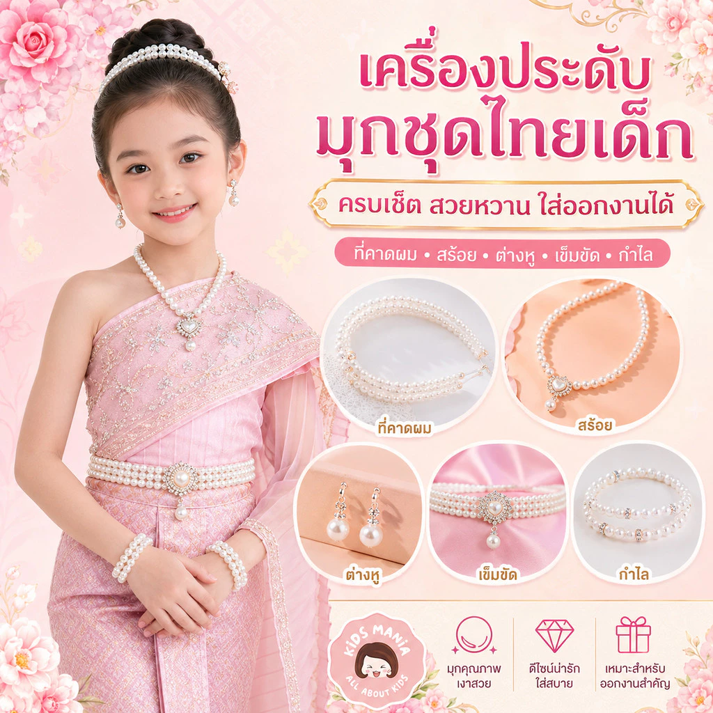 เครื่องประดับมุกชุดไทยเด็ก เซ็ตมุกเด็กผู้หญิง ที่คาดผม สร้อย ต่างหู เข็มขัด กำไล ใส่ชุดไทย งานโรงเรียน งานรำ ออกงานเด็ก