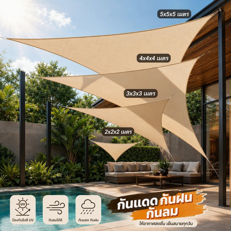 ผ้าใบกันแดด สามเหลี่ยม แสลนกรองแสง 90 เปอร์เซ็นต์ เคลือบเงิน กันยูวี กันลม สำหรับสวน ระเบียง