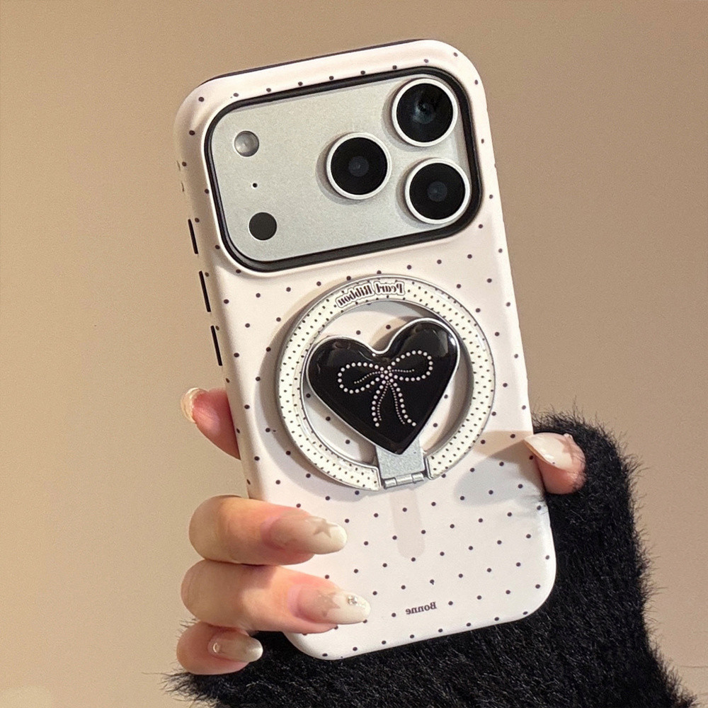 Pearl Bow Polka Dot Magnetic iPhone Case, Dual-Magnetic With Magnetic Heart Kickstand Anti-Fall Soft Phone Cover สําหรับ iPhone 17 Pro Max/16/15/14/13/12