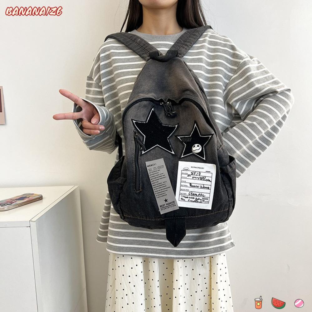 BANANA1Z6 Denim Star Backpack, Large Capacity Y2K School Backpack, Fashion Unisex All Match Star Pat