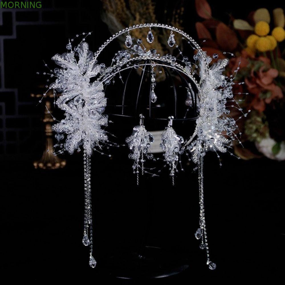 MORNING เจ้าสาวคริสตัลมงกุฎต่างหู, Fairy Shining คริสตัลผม Hoop Tiara, หวานประณีตลูกปัดใสพร้อมคลิปหูเครื่องประดับจัดงานแต่งงานชุดเครื่องประดับผม