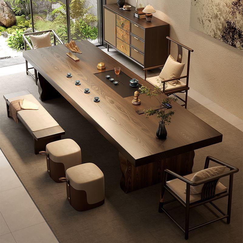 Office desk with integrated tea table, solid wood tea table for reception