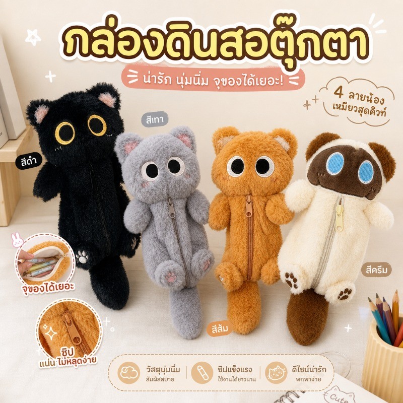 กระเป๋าดินสอ อเนกประสงค์ การ์ตูนแมวใหญ่ขนฟู กล่องดินสอตุ๊กตา กระเป๋าเก็บของเดสก์ท็อปลาย