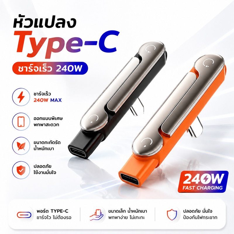 หัวแปลง Type-C แบบพับได้ 2in1 ที่ชาร์จพร้อมขาตั้งมือถือ PD 240W ชาร์จเร็ว รองรับเล่นเกม ดูหนัง ใช้งานสะดวก