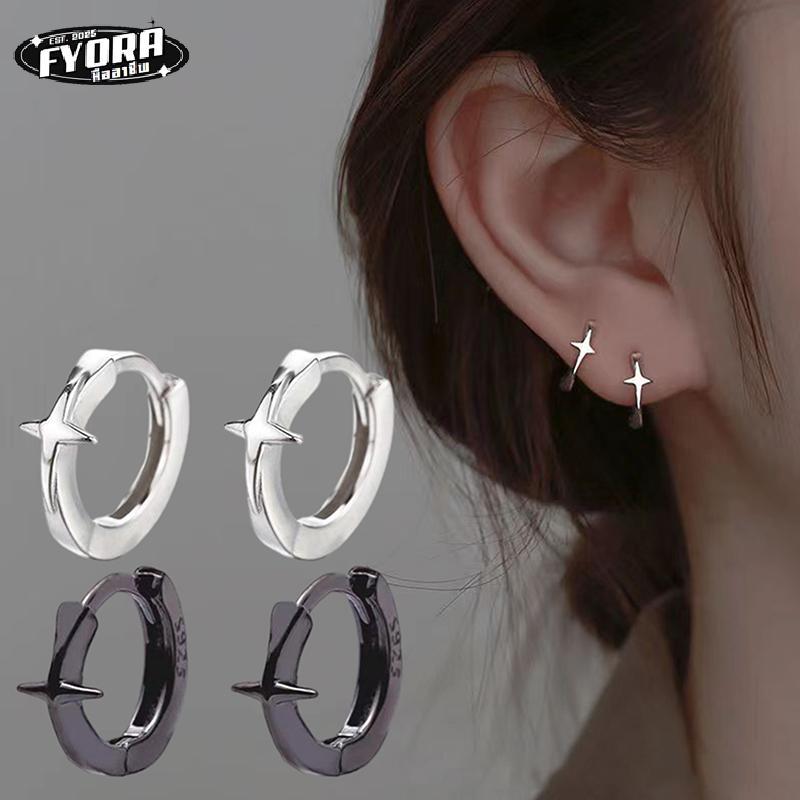 FYORA Four-pointed Star Flipneck Hoop ต่างหูสําหรับผู้ชายผู้หญิง Hip Hop Retro Bla Silver-color คอเต่า Street Gothic หูเครื่องประดับ สนเดิมพ.น