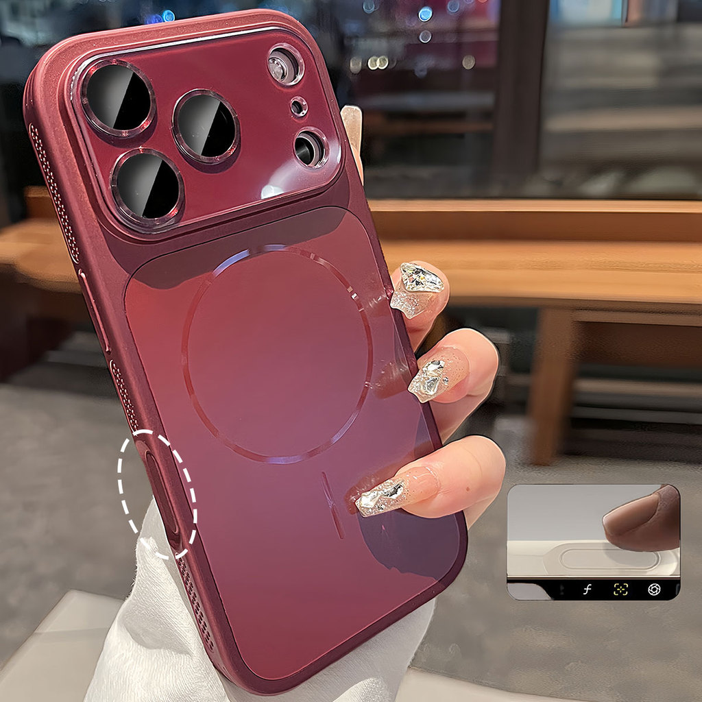 ใหม่เชอร์รี่สีแดงขนาดใหญ่หน้าต่างกระจายความร้อน frosted Magnetic กรณีเลนส์สําหรับ iPhone 14 15 16 17 Pro Max กรณี 16PROMAX ล้อมรอบอย่างเต็มที่ Anti-fall กันกระแทกปกหลัง