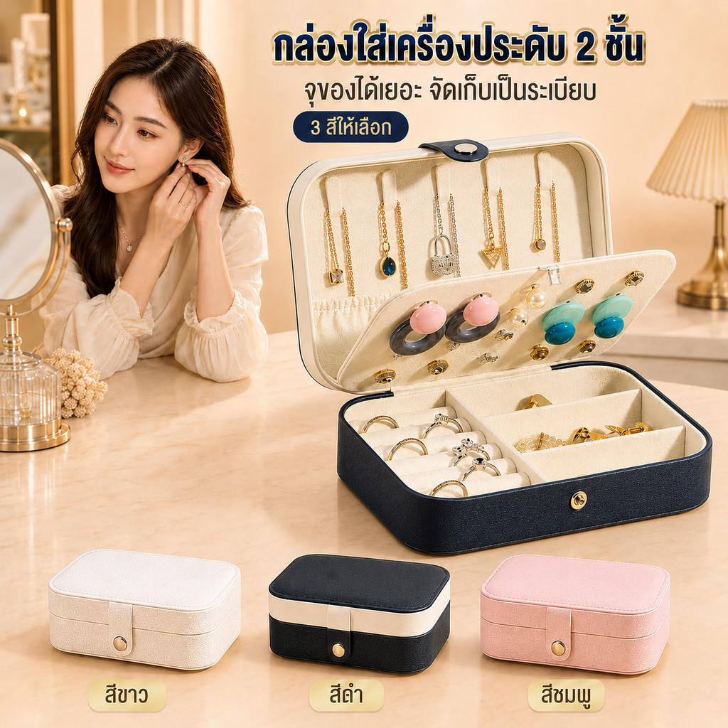 KIKI กล่องใส่เครื่องประดับ 2 ชั้น ขนาด 16x11x5 ซม. เก็บต่างหู แหวน สร้อยคอ กำไล จุเยอะ พกพาง่าย Jewelry Box