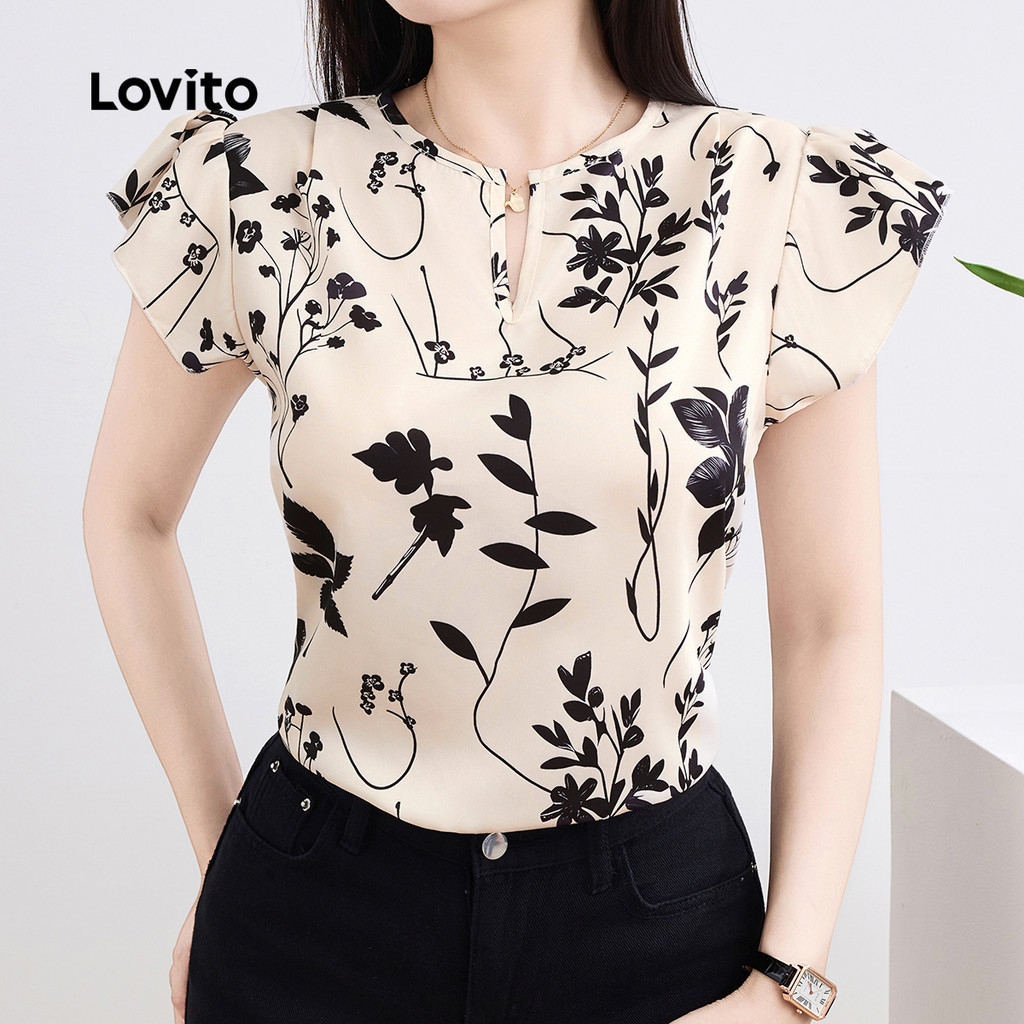 Lovito แคชชวล ดอกไม้ลําลองจีบ บล็อกสี ฤดูร้อนฤดูใบไม้ผลิ หลากสี เสื้อสําหรับผู้หญิง L135ED309
