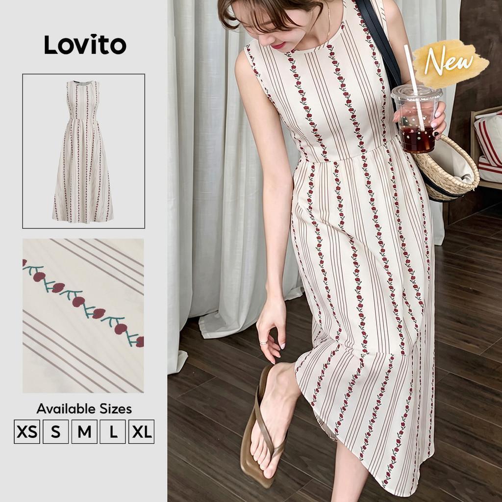 (New Arrival) Lovito ชุดเดรสลําลองสําหรับผู้หญิง สีขาวออฟไวท์ สําหรับฤดูใบไม้ผลิ/ฤดูร้อน เดรสเที่ยวเขา DRB203TD055