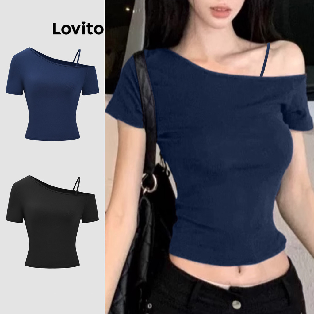 Lovito แคชชวล เสื้อยืด ทรงไม่สมมาตร สีพื้น สไตล์น่ารัก สำหรับผู้หญิง เกาหลี อินเทรนด์ L122AD018