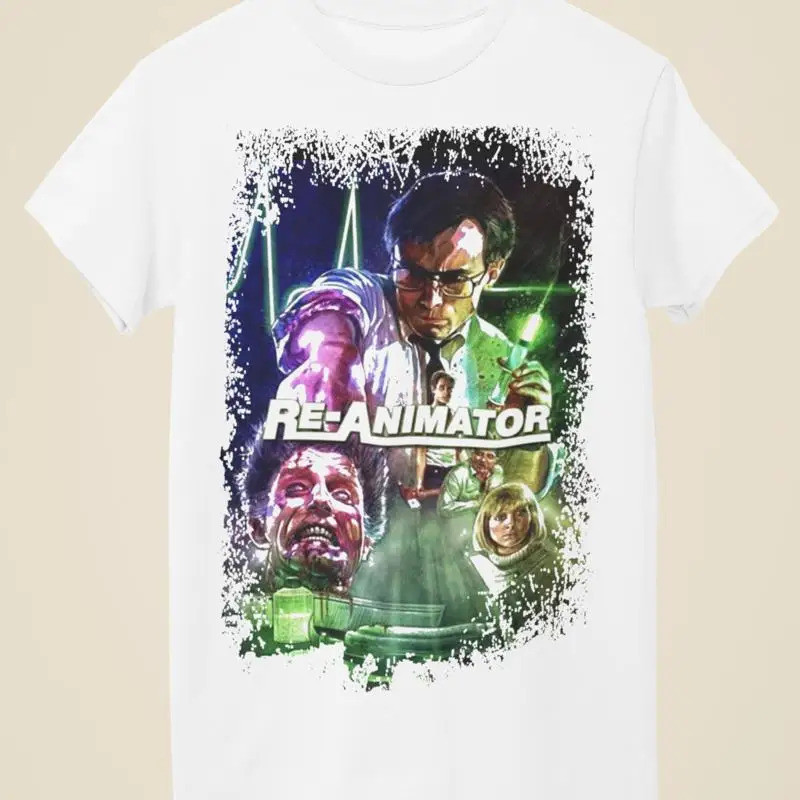 เสื้อยืดสีขาวแบบยูนิเซ็กส์ที่ได้แรงบันดาลใจจากโปสเตอร์ภาพยนตร์เรื่อง Re Animator