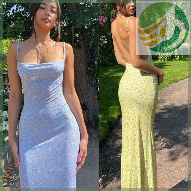 Yf5 As ผู้หญิงสปาเก็ตตี้ Sqaure Cowl คอ Backless Bodycon ยาว Frock Bohemian ดอกไม้พิมพ์แพคเกจสะโพก H