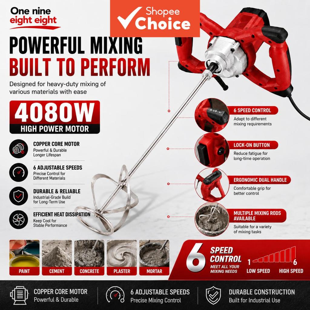 One Piece ONE NINE EIGHT EIGHT ELECTRIC MIXER 4080W 6-Speed Heavy-Duty Stirrer สําหรับสีซีเมนต์คอนกร