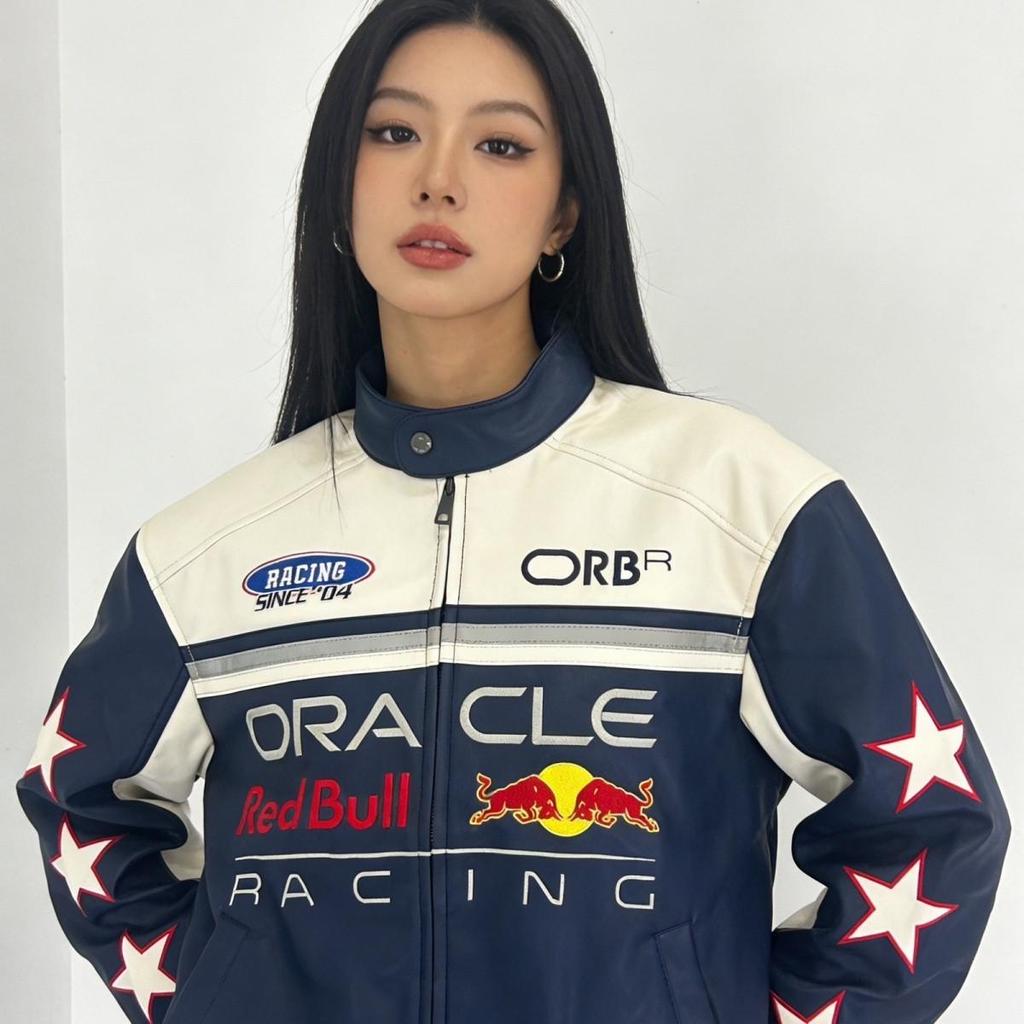 F1 embroidered racing suit, BULL team custom leather jacket, hip-hop street style, Verstappen, F1 ra