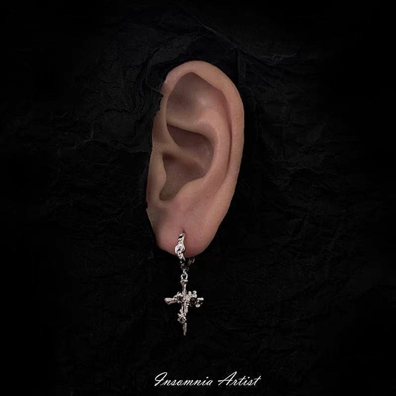 ต่างหูดีไซน์ ต่างหูอารมณ์เย็น ต่างหู Shengkubei 3yy สไตล์ศิลปิน Cross Niche Circle นอนไม่หลับหวาน