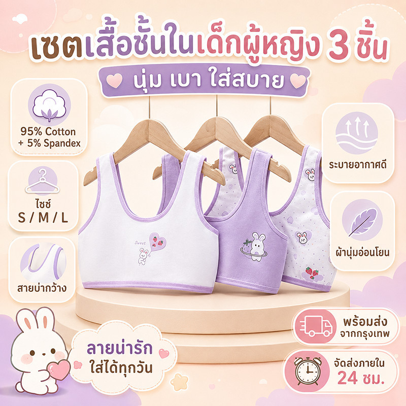 เสื้อชั้นในเด็กสาววัยรุ่น ผ้าฝ้ายแท้ ใส่สบาย ปกปิดจุดนูน ไม่อับชื้น ระบายอากาศดี แพ็ก 3/4 ตัว สินค้าฮิต พร้อมส่ง
