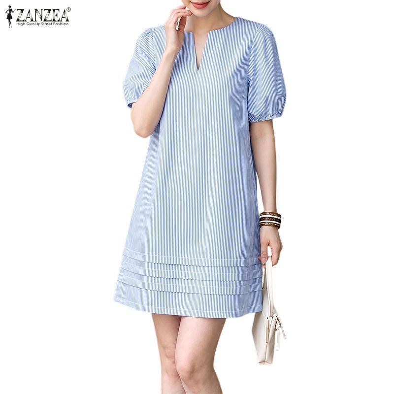 ZANZEA ใส่ ซานเซีย แฟชั่นสตรีวันหยุดสไตล์เกาหลี-ลําลองพัฟแขนลายคอวีทอติดตั้ง ชม.-เส้น ชุด ... — صورة 6
