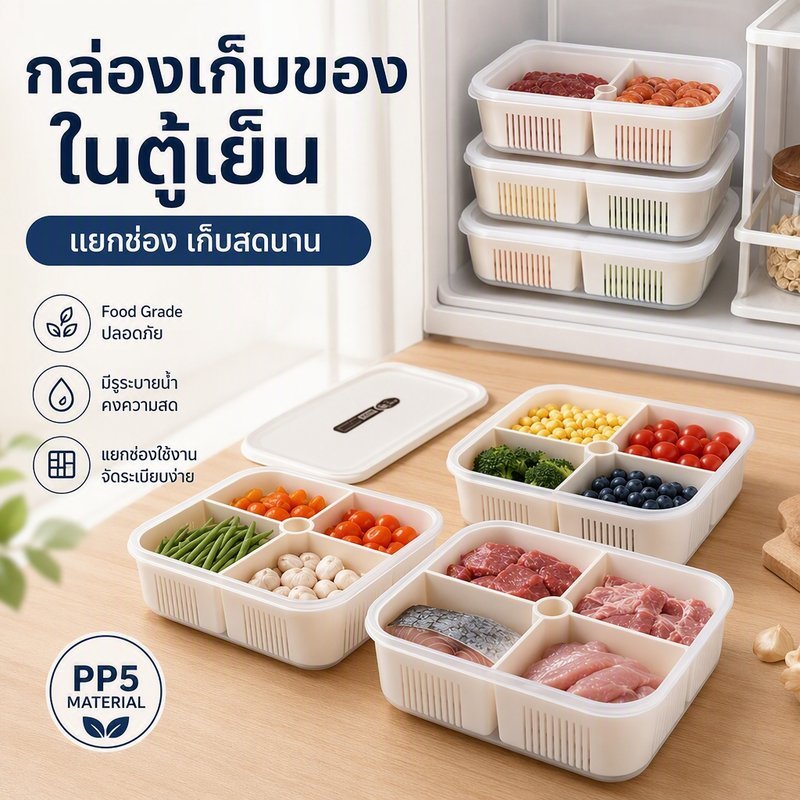 กล่องถนอมอาหารในตู้เย็น แบ่งช่อง 2/3/4 ช่อง ฝาล็อกสนิท PP5 เกรดอาหาร มีรูระบายน้ำ