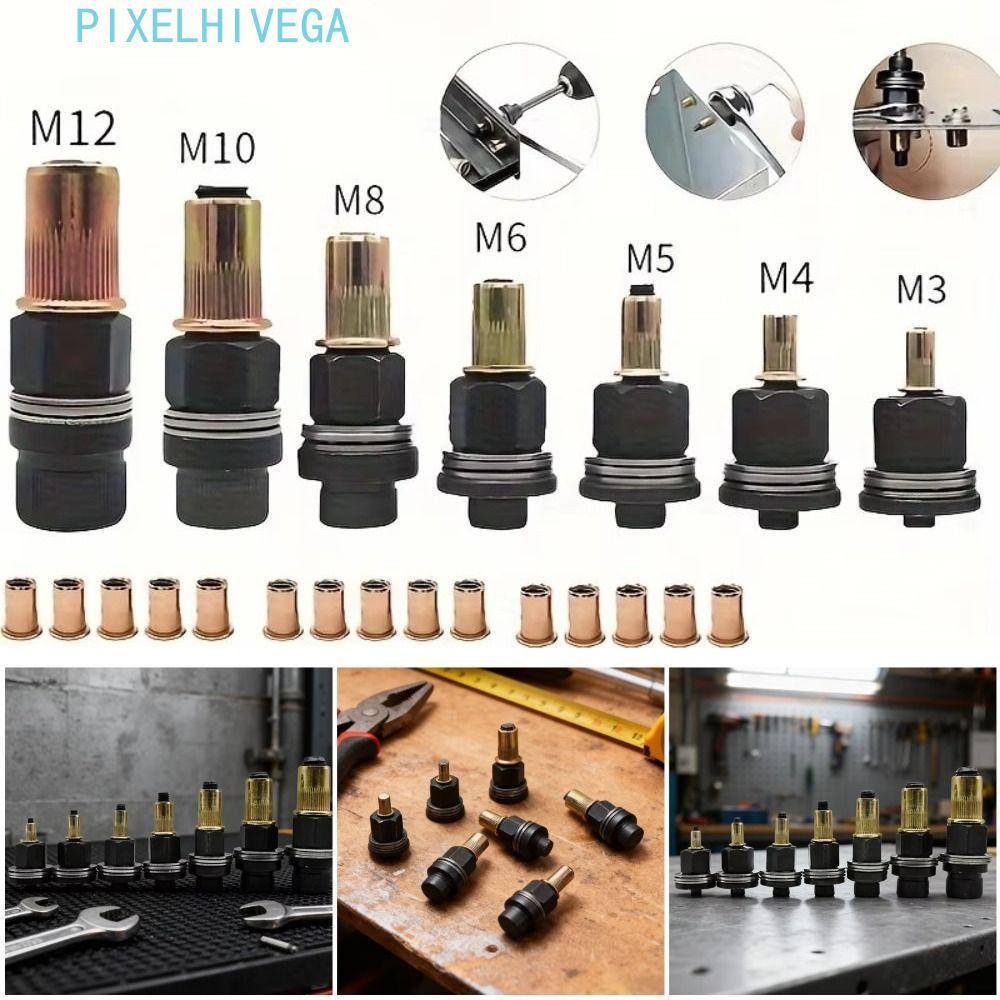 PIXELHIVEGA Rivet Nut Tool, กันสนิมเหล็กคาร์บอนเกลียวใส่เครื่องมือ, Rivet Nut ชุดผสมหัวเกลียว Rivet 