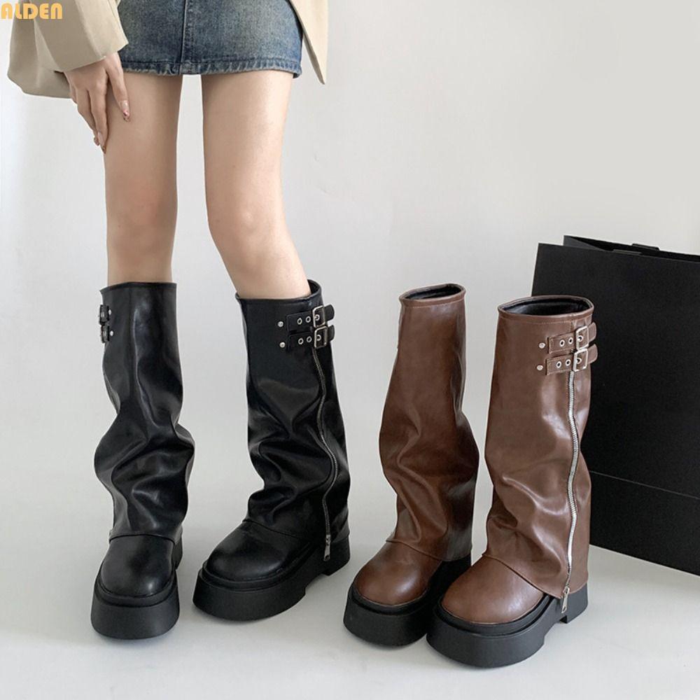 ALDEN ผู้หญิง Biker รองเท้า, แพลตฟอร์ม Y2K Punk ผู้หญิงเข่าสูง Booties, แฟชั่น Harajuku Gladiator ออ