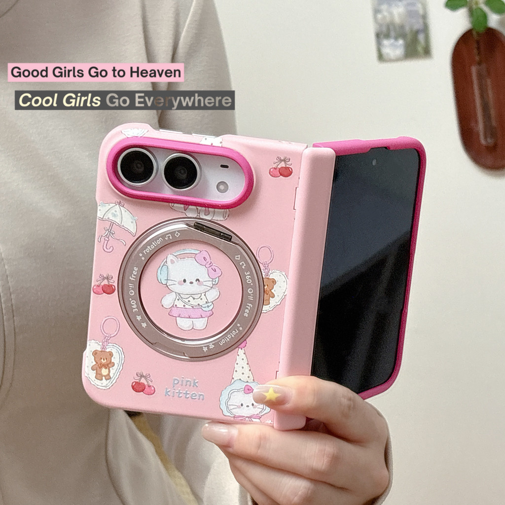 New style น่ารัก แมว ฝังตัว Magnetic holder Skin feel เคส สำหรับ iPhone Duo Wide พับ Case ชุดสามชิ้นที่ถอดออกได้รวมทุกอย่าง เพลาสปริง ป้องกันการตก พลิกปก เคส