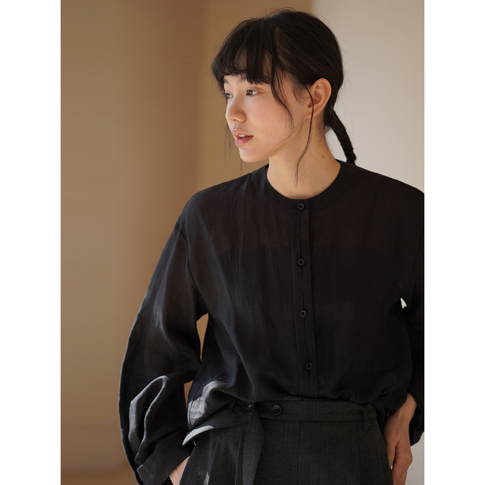 Miss Haya 42 ชิ้น 100 Twill Ramie เสื้อ Cool Elegant Zen หลวม Commuter รอบคอ Slimmer ดูด้านบน