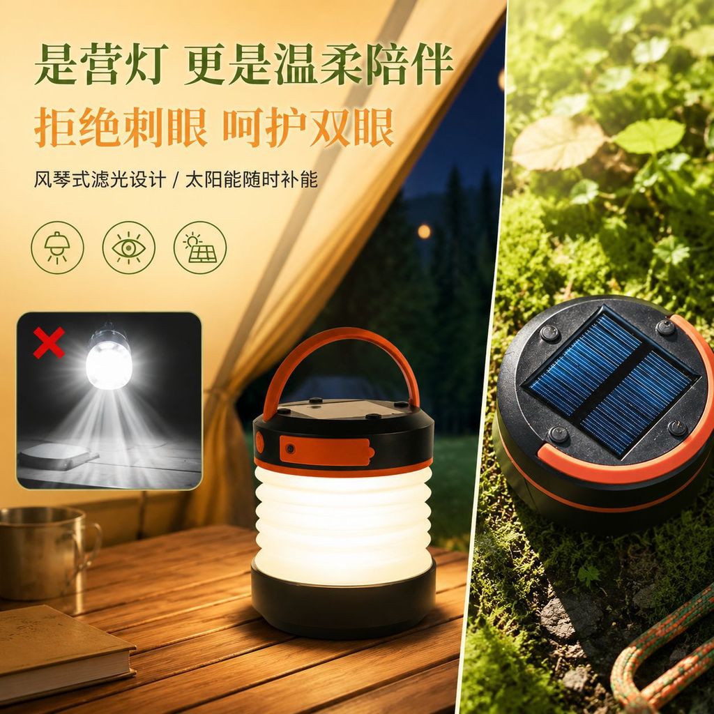 Amazon Cross-Border Outdoor Mountaineering แบบพกพาแบบพับเก็บได้พลังงานแสงอาทิตย์ led Camping Lightin