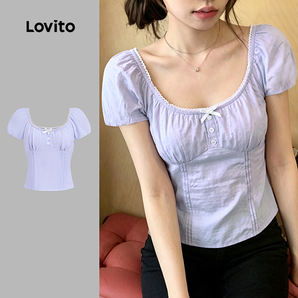 (New Arrival) Lovito เสื้อเบลาส์ลําลองผู้หญิง สีม่วงอ่อน คอปกมีกระดุม ตกแต่งลูกไม้ สําหรับฤดูใบไม้ผลิและฤดูร้อน ประจำวัน เกาหลี อินเทรนด์ L200AD027