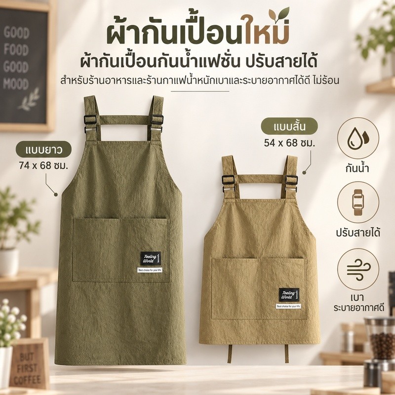 ผ้ากันเปื้อนใหม่ ผ้ากันเปื้อนกันน้ำแฟชั่น ปรับสายได้ สำหรับร้านอาหารและร้านกาแฟน้ำหนักเบาและระบายอากาศได้ดี ไม่ร้อน