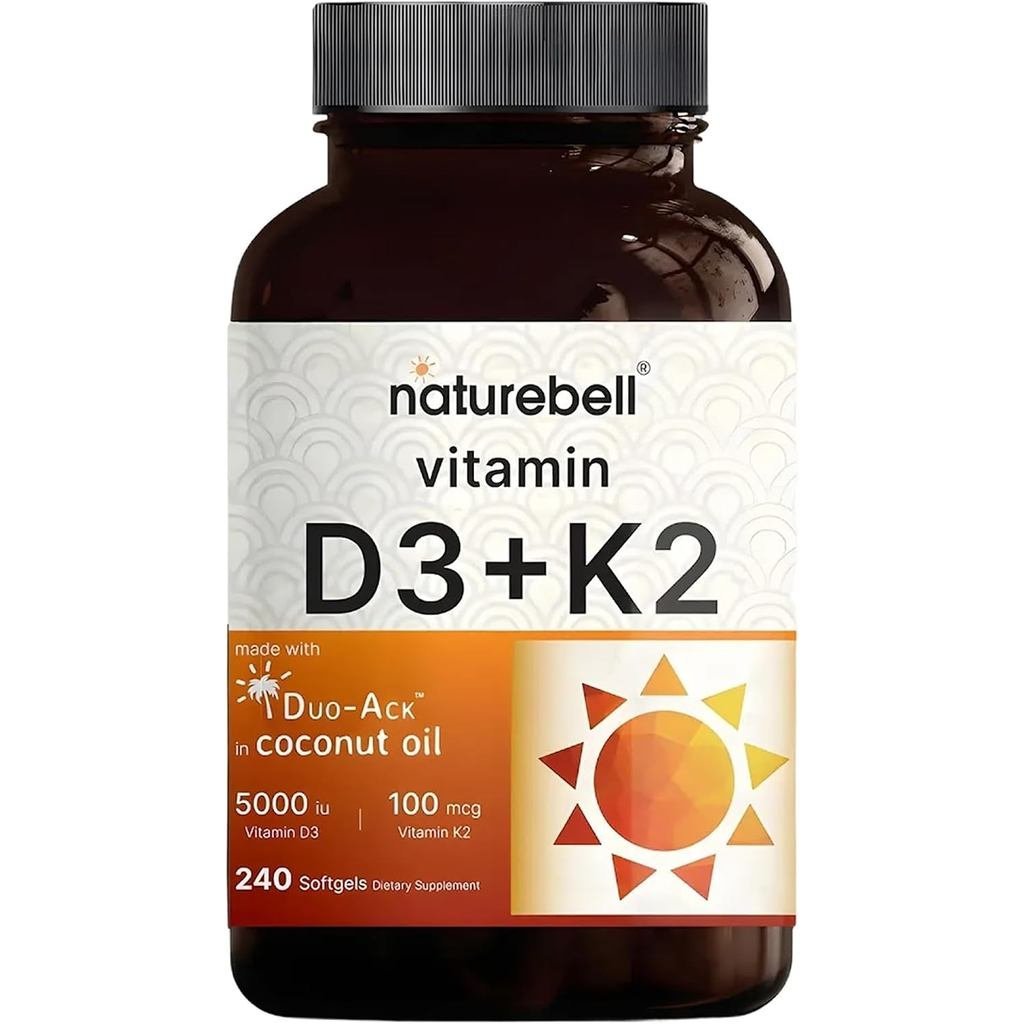 NatureBell D3 5000 IU & K2 100mcg 240 ซอฟท์เจล | 5000 IU D3 & 100mcg K2 MK7 พร้อมน้ํามันมะพร้าว B He