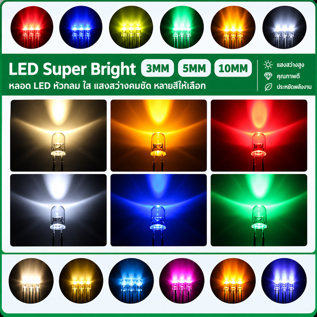หลอดไฟ LED Super Bright 3mm 5mm 10mm สีขาว สีแดง สีเหลือง สีเขียว สีน้ำเงิน สีม่วง สีชมพู