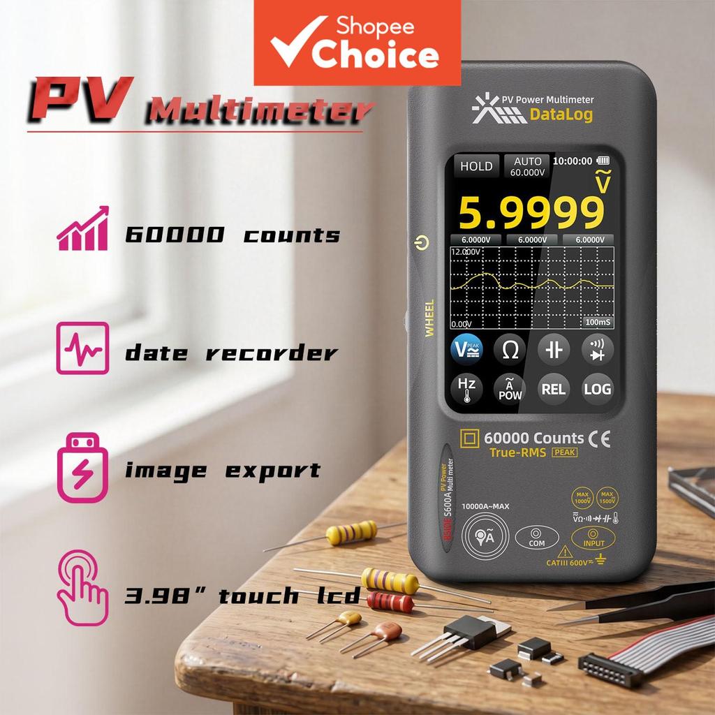 One Piece BSIDE S600A PV Power Multimeter, 60000 นับข้อมูล Logger หน้าจอสัมผัส True RMS สําหรับระบบโ