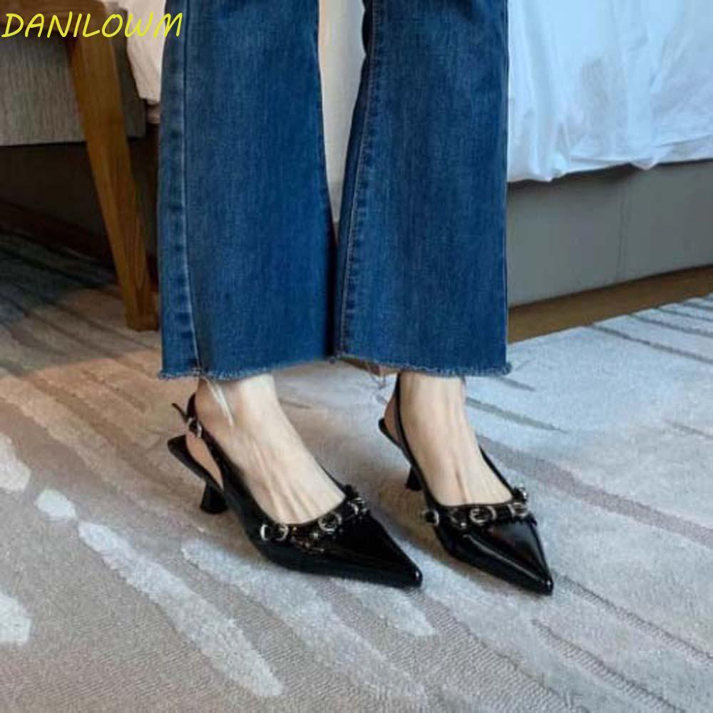 DANILOWM Point Head Thin Heel Sandals, Black Silver with Ankle Straps Cusp High Heel Shoes, Chic Hig