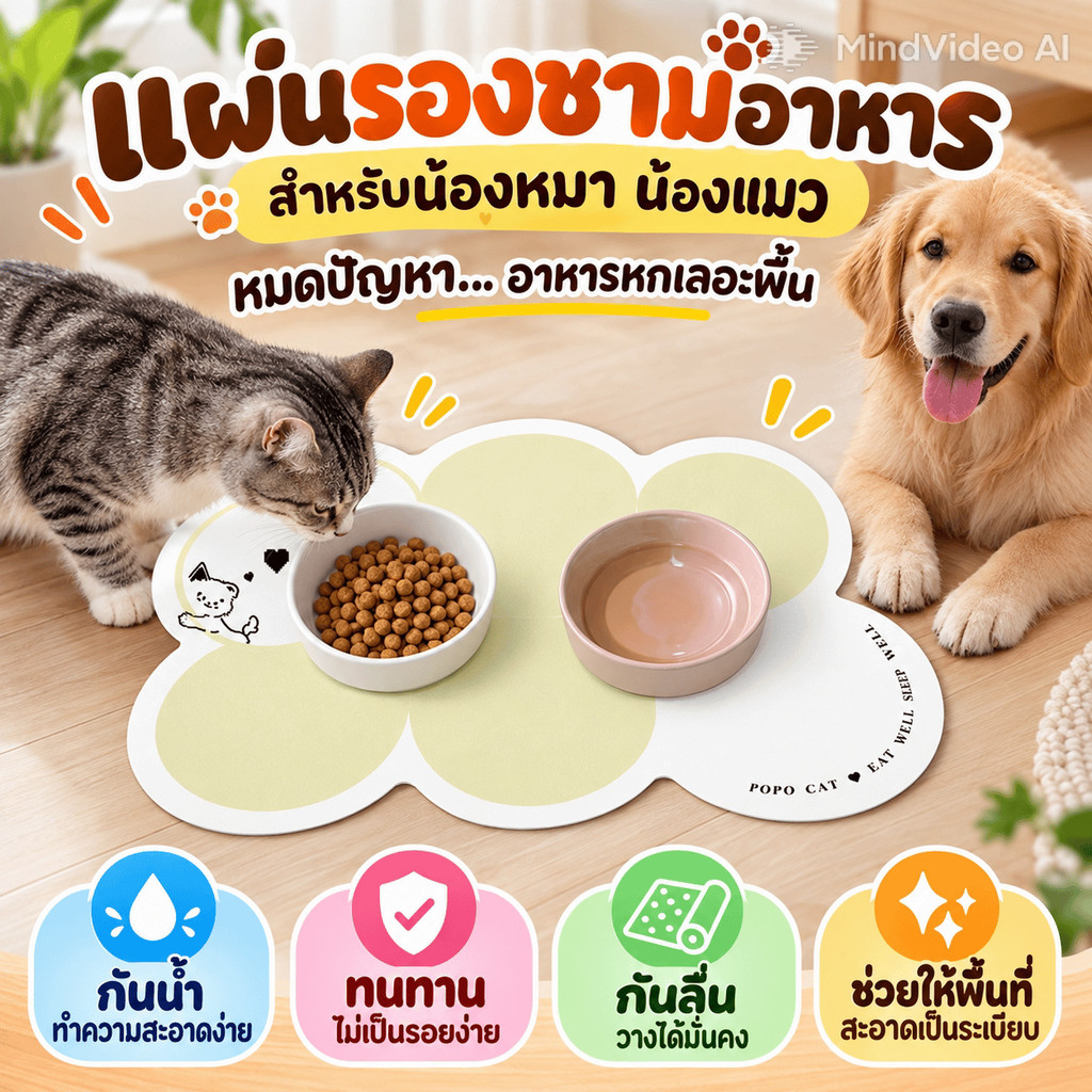 PawPals แผ่นรองจาน แผ่นรองจานสัตว์เลี้ยง แผ่นรองชาม  แผ่นกันลื่นดูดซับ ทำความสะอาดง่าย กันลื่นกันน้ำขนาดใหญ่