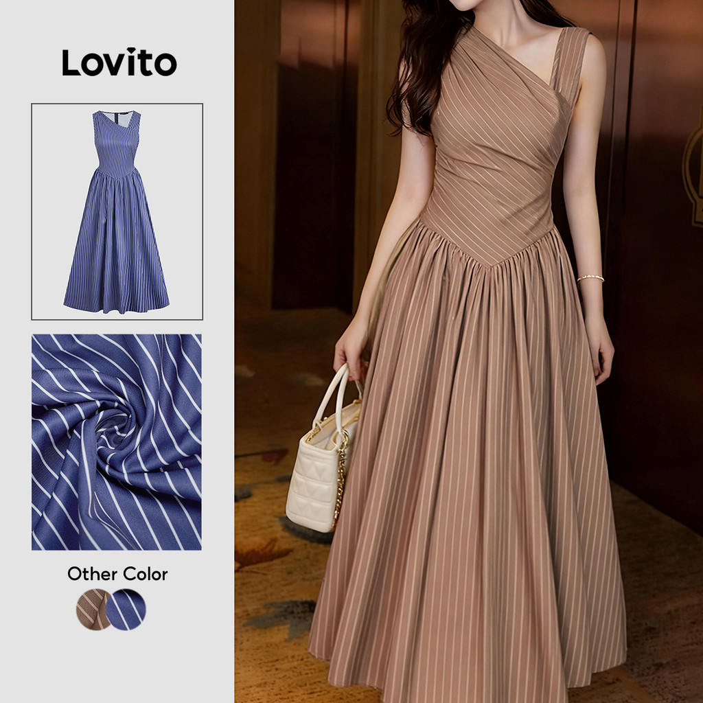 Lovito สง่างาม เดรสผู้หญิงสีน้ําตาลฤดูใบไม้ผลิ/ฤดูร้อนแบบไม่สมมาตร L164LD247