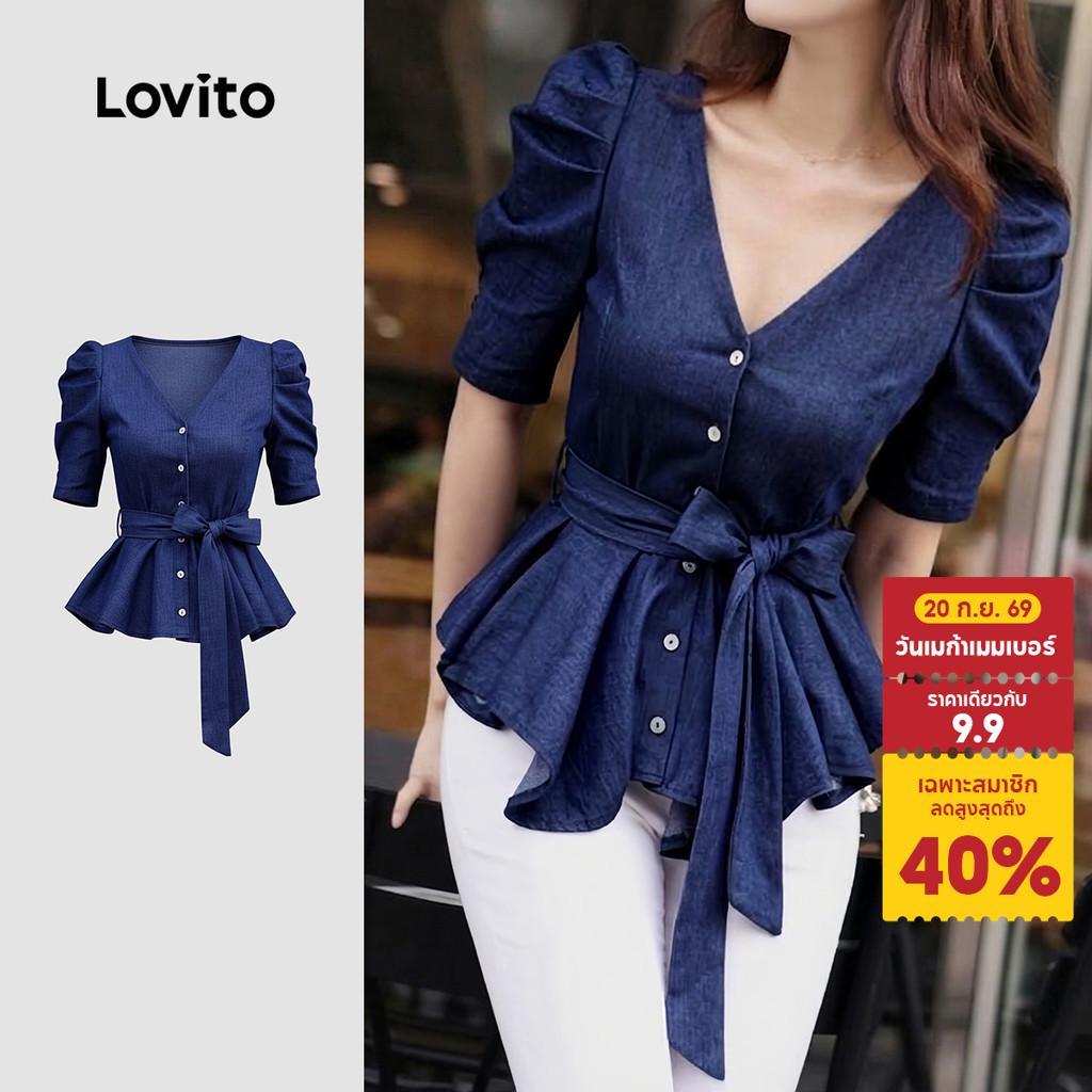 Lovito เสื้อเบลาส์สีกรมท่าประดับระบายและเข็มขัดสุดสง่างามสําหรับฤดูใบไม้ผลิ/ฤดูร้อน LK6LD009