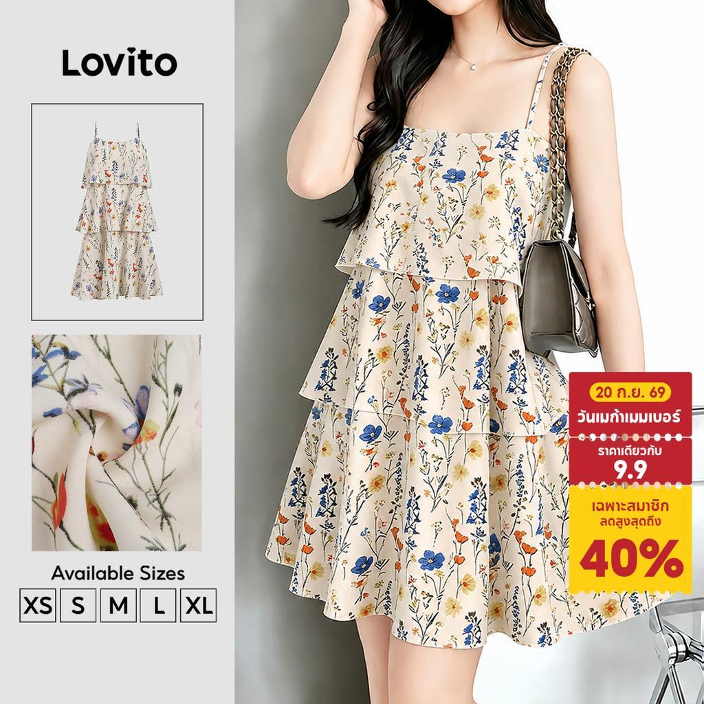 (New Arrival) Lovito ชุดเดรสโบฮีเมียน ลายระบายชั้นทับซ้อน สําหรับฤดูใบไม้ผลิ/ฤดูร้อน สีขาวงาช้าง สําหรับผู้หญิง เดรสเที่ยวเขา DRB203TD024