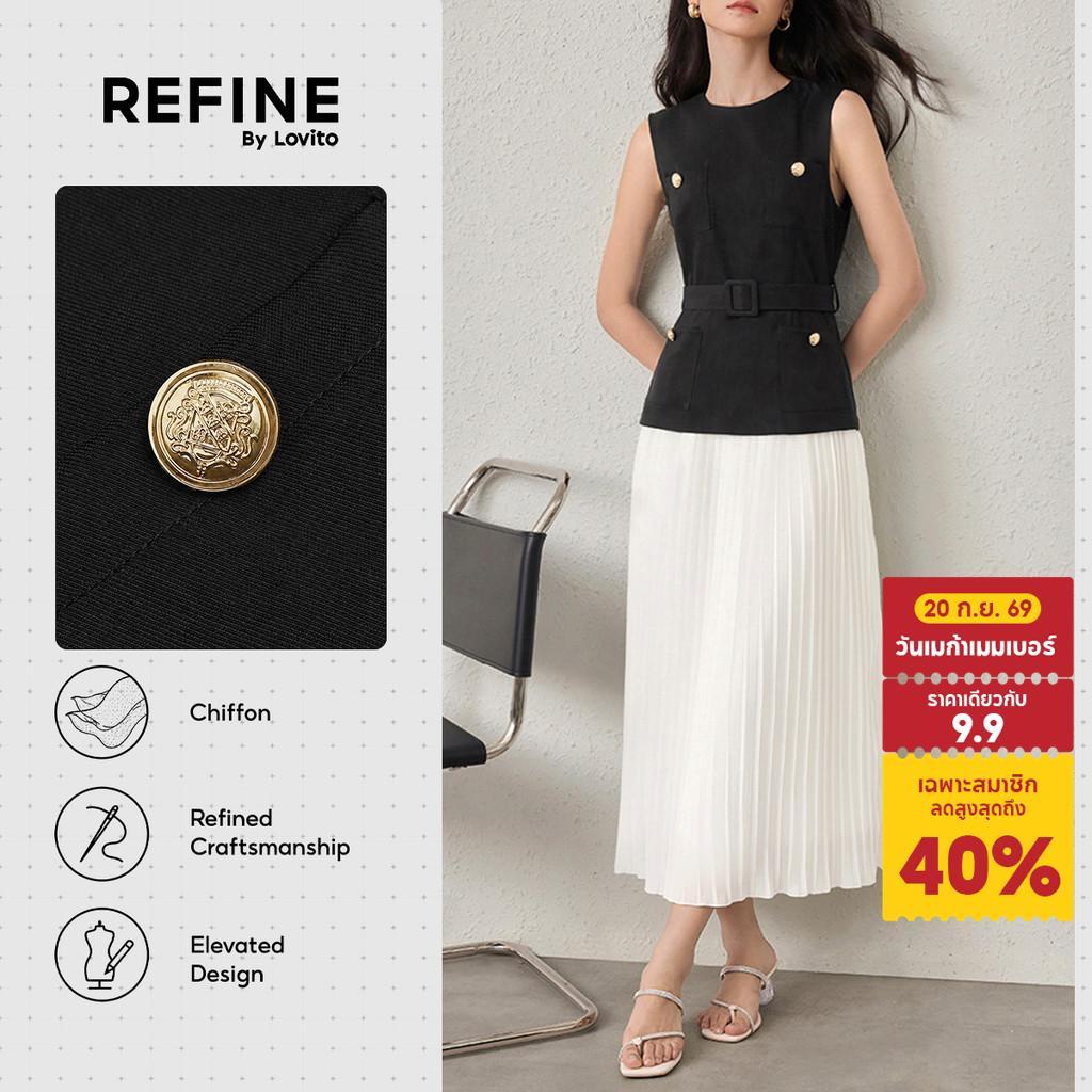 (Refine by Lovito)เดรสทำงาน ผ้าชิฟฟอน เทียมสองชั้น ต่อผ้า มีกระเป๋า เดรสผู้หญิง ฤดูใบไม้ผลิ-ฤดูร้อน DRR42P1D047