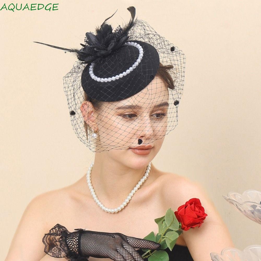 AQUAEDGE สีดำ Veil Top Party Fascinator ประดับคริสตัลสำหรับเจ้าสาวและงานแต่งงาน