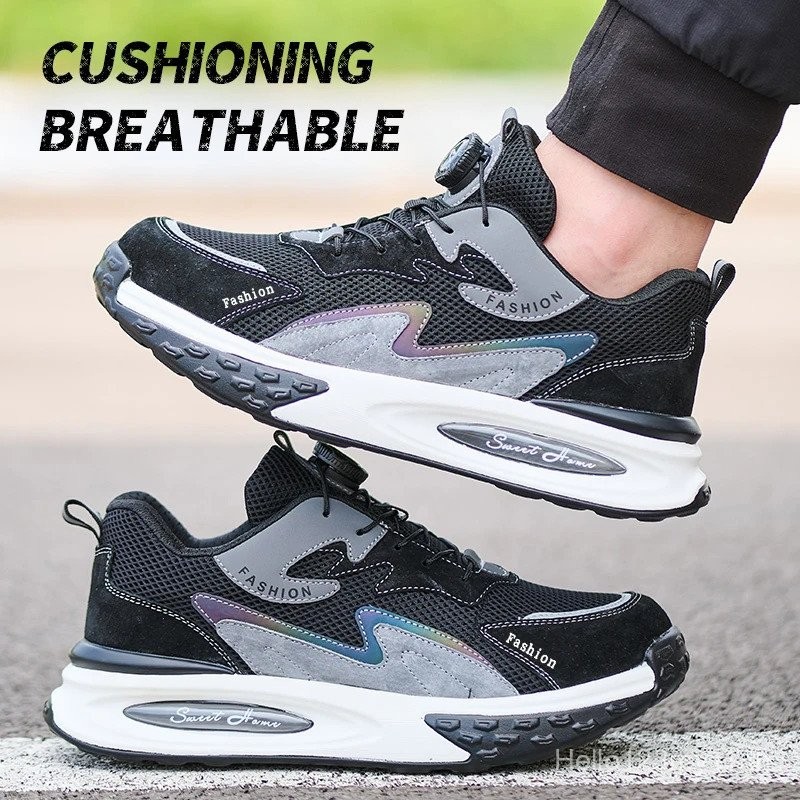 ลื่นรองเท้านิรภัยในการทํางานสําหรับผู้ชายหมวกนิ้วเท้าเหล็กป้องกันรองเท้าเจาะหลักฐานรองเท้าทํางานรองเท้าผ้าใบหมุนปุ่มผู้ชายรองเท้า ร.ร