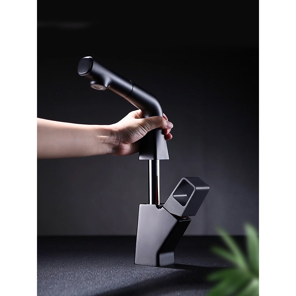 Yading สีดํายกก๊อกน้ําแบบดึงออกทองแดงทั้งหมดห้องน้ําล้างหน้าล้างมืออ่างล้างหน้าร้อนและเย็น