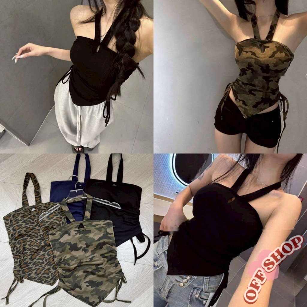 OFF SHOP 2025 เสื้อคอคล้อง เสริมฟองน่ำ น่ารักมากๆ สีพื้นยืดพอดีเว้าหลังลายทหาร สไตล์หวานและเท่' FY5117