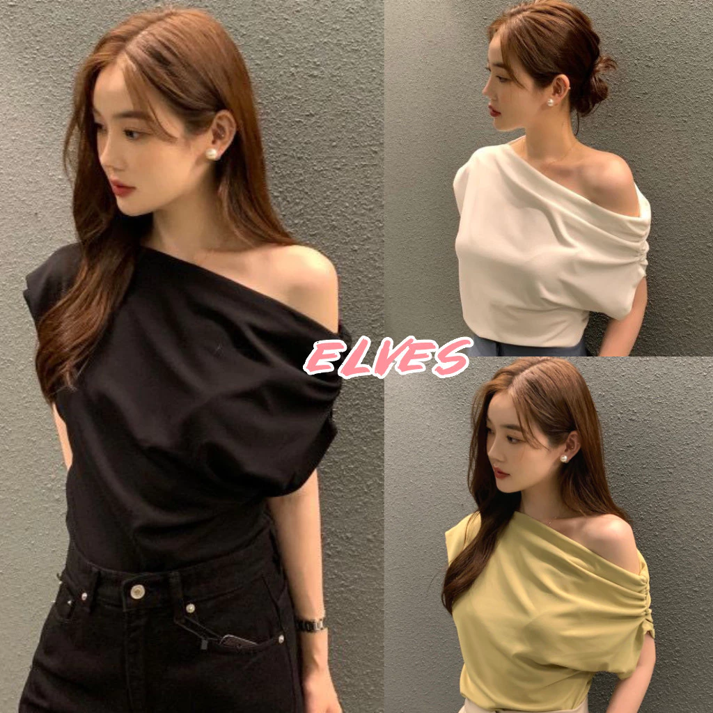 Elves พร้อม💟 เสื้อเปิดไหล่แขนสั้น เรียบหรูสไตล์มินิมอล วินเทจ สีพื้น เข้ารูป(FYP13)