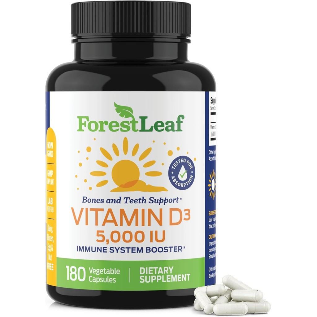 ForestLeaf วิตามิน D3 5000 IU - สุขภาพกระดูกและสนับสนุนภูมิคุ้มกัน - แคปซูลผักกลืนง่ายขนาดเล็ก - Non