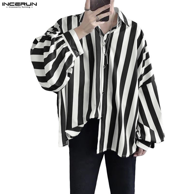 INCERUN เสื้อเชิ้ตแขนยาวลายแขนค้างคาวหล่อระดับไฮเอนด์ของผู้ชาย Rascal