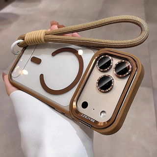 【มาพร้อมสายคล้องฟรี】เคสโทรศัพท์อะคริลิคใสหรูหราพร้อมฐานติดกล้อง รองรับการชาร์จไร้สายแบบแม่เหล็ก สำหรับ iPhone 17 16 15 14 13 12 11 Pro Max Air Plus แข็ง ทนกระแทก โปร่งใส พร้อมกันชนดีไซน์สวย ปกหลัง เคสสไตล์สวยงาม